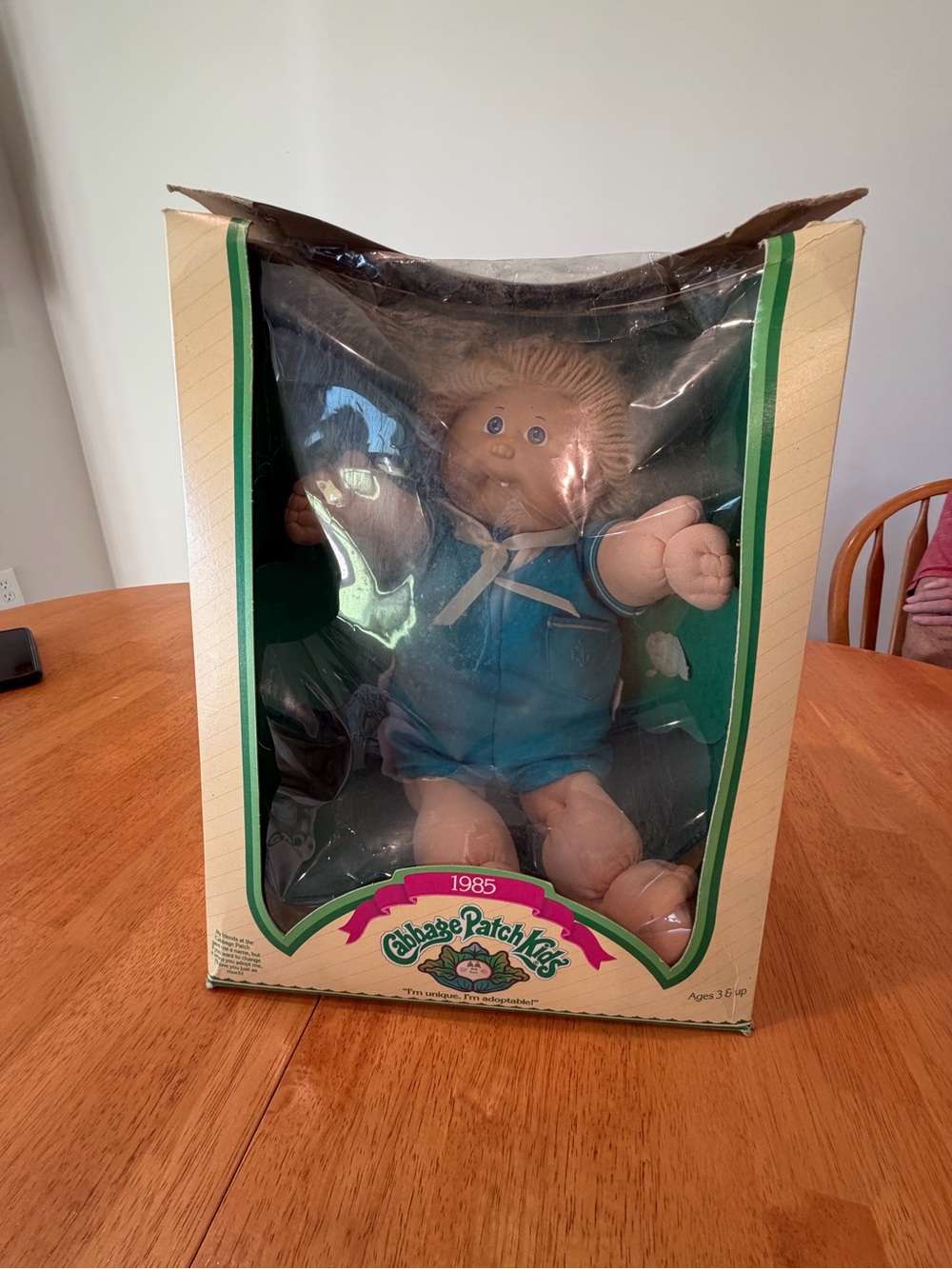 Cabbage Patch Doll from 1985 Brown Hair Blue Sailor outfit w Tooth and box